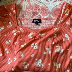 Pink floral top smocked with cute shoulder additions